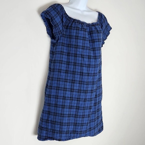Madewell Plaid Ruffle Off Shoulder Mini Dress Linen Cotton Blend Size 8 - Picture 2 of 13